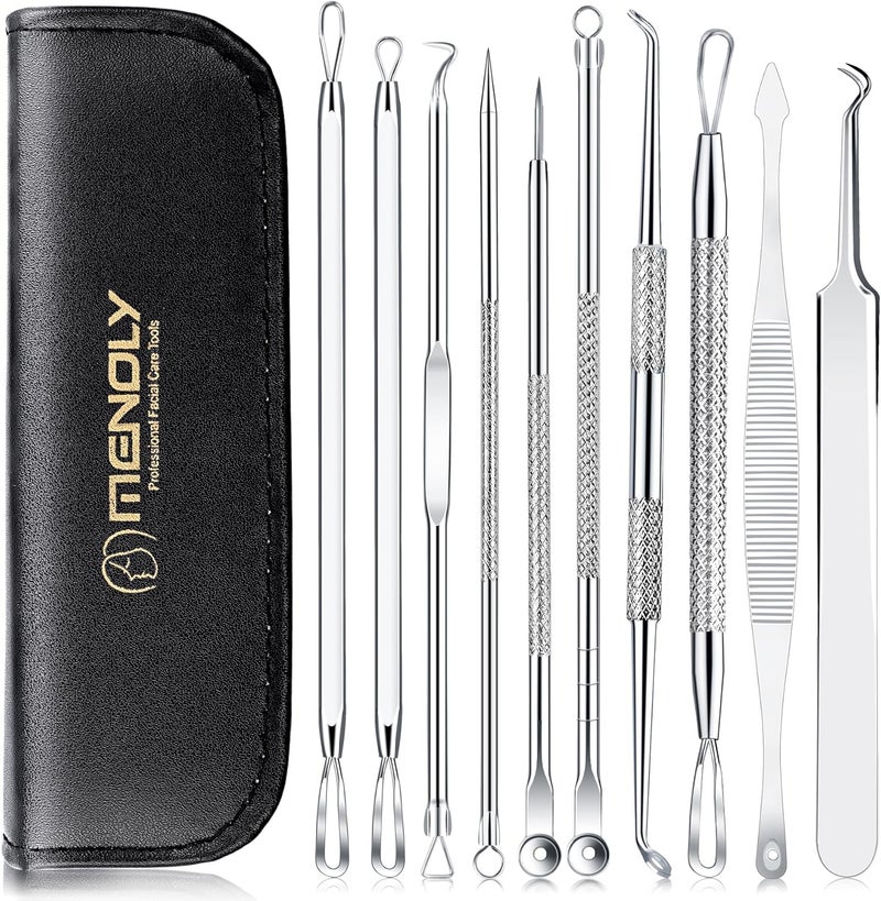 MENOLY Pimple Popper Tool Kit 10 Pcs Blackhead Remover Tool Zit Popper for Blemish, Pimple Comedone Extractor Acne Tool for Blackheads, Acnes, Whiteheads Nose Face with Leather Bag - Image 1